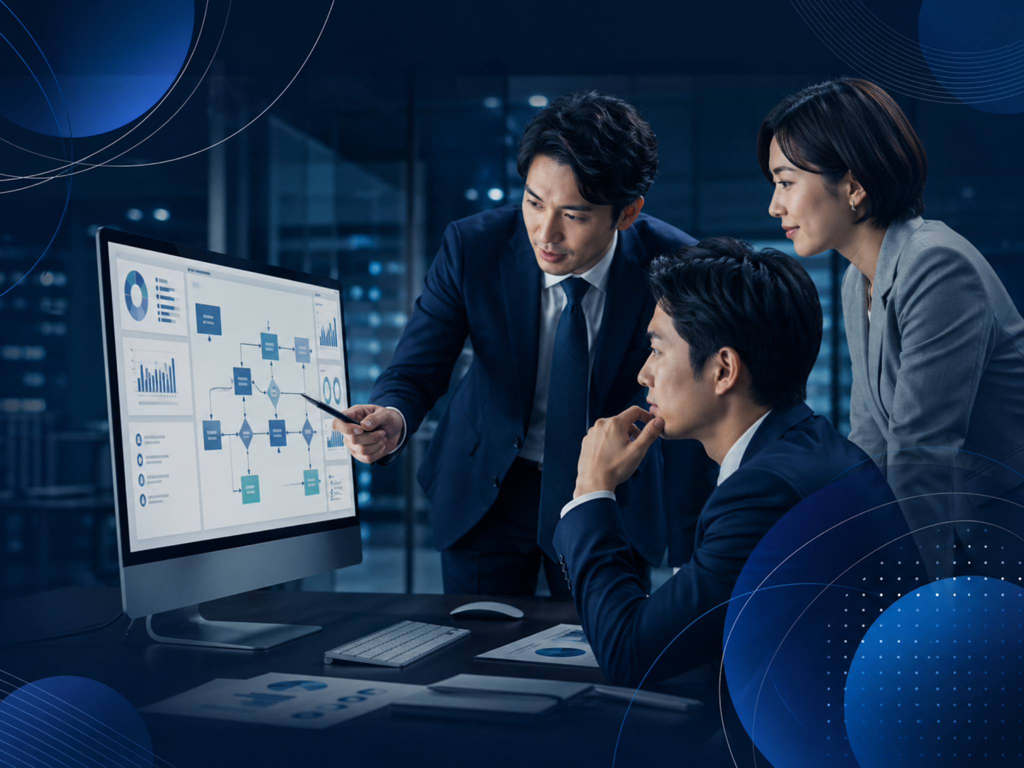 データ画面を見ながら改善案を検討するビジネスチーム